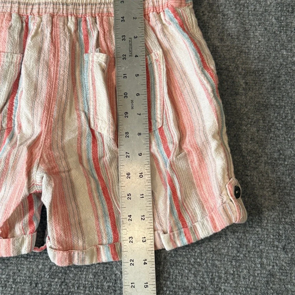 Per Se Linen Blend Striped Shorts Womens‎ Small Coral Blue Cuffed Drawstring